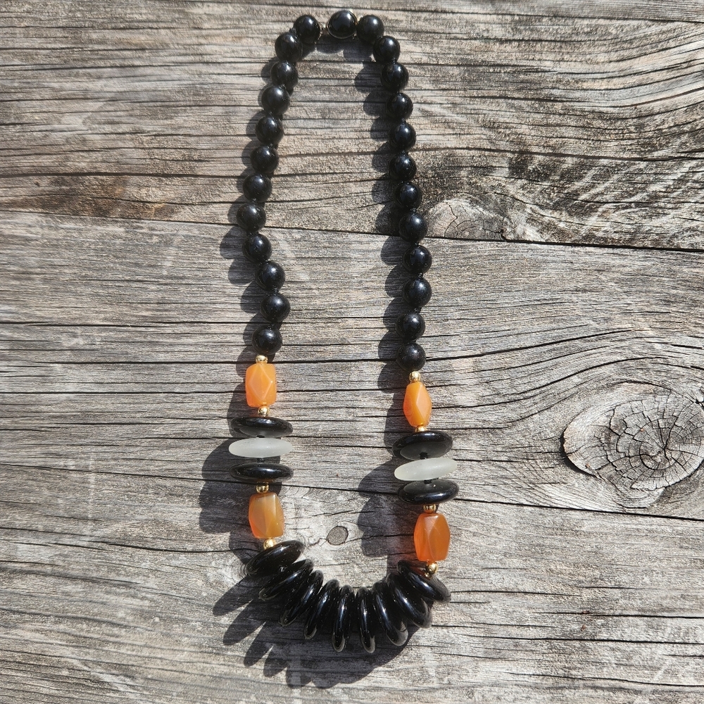 Elegant Black and Orange Beaded Necklace with gold accents beads